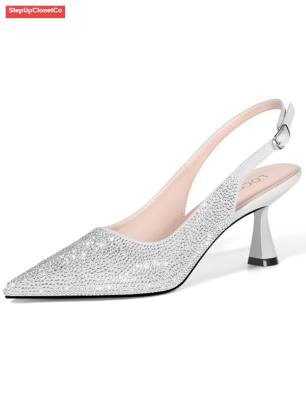 Rhinestone Slingback Kitten Heels Pointed Toe Faux Leather Pumps
